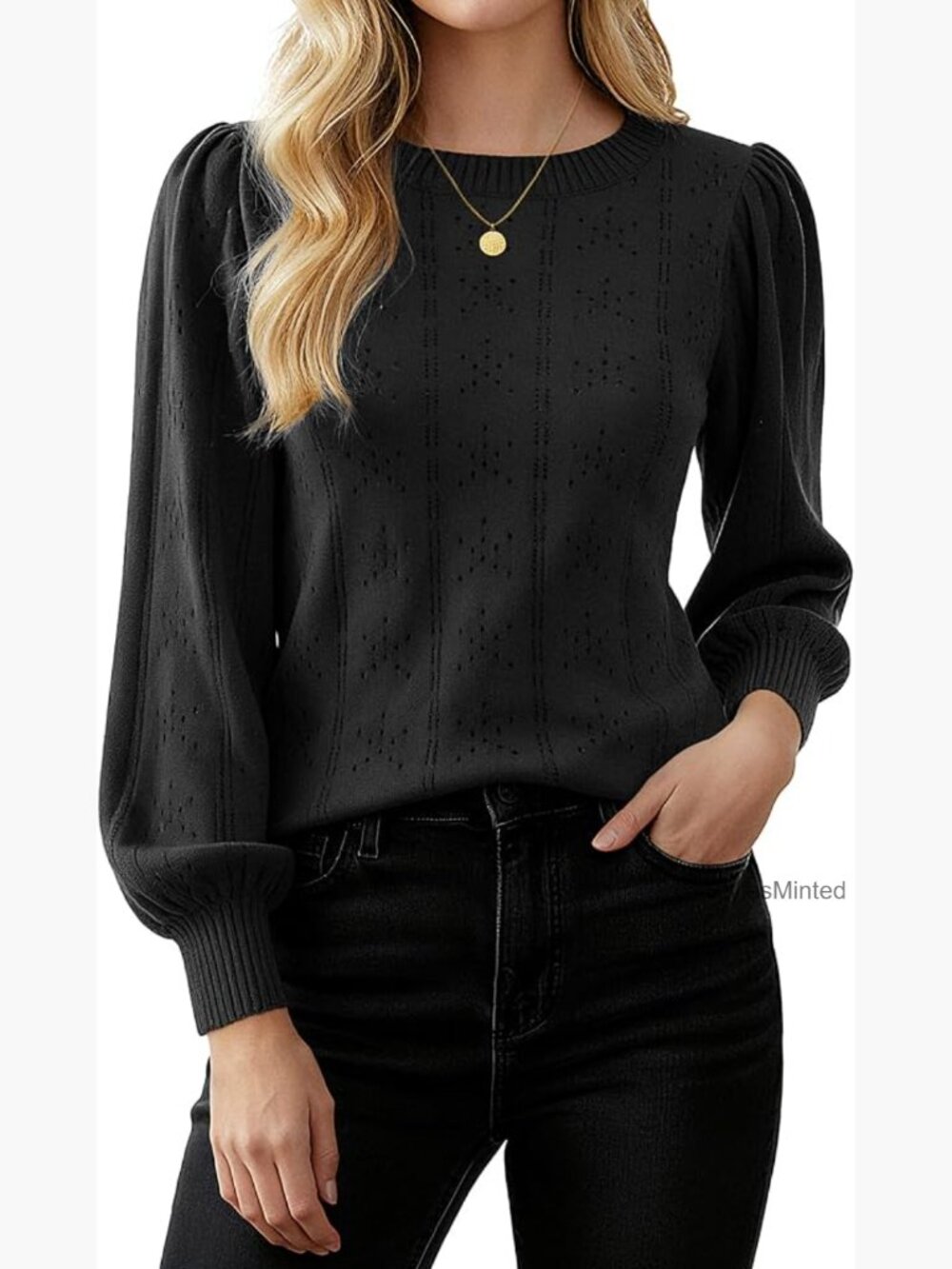 Puff Long Sleeve Crochet Hollow Out Pullover Sweater